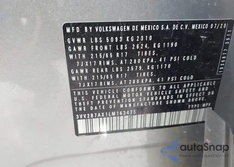 2020 Volkswagen Tiguan 2.0T Se/2.0T Se R-Line Black/2.0T Sel z USA, uszkodzony, nr VIN 3VV2B7AX1LM163475